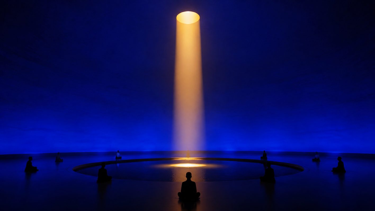 AI-generated concept image: a circular deep-blue domed hall, a single warm beam from the oculus falling on a round pool at the centre, seated figures in silhouette