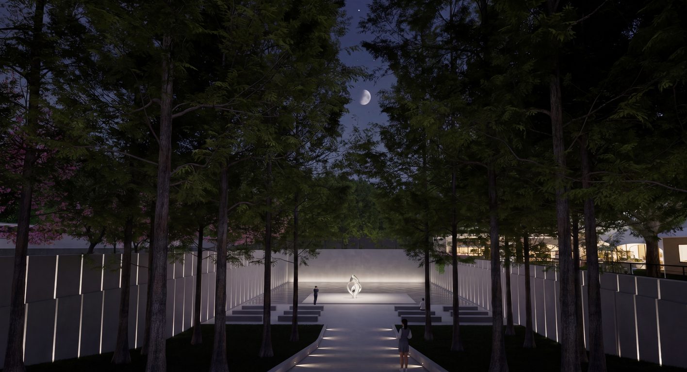 Night render: at the end of a tree-lined path a white sculpture is the only lit object, vertical light slots in the walls guide the way, everything else is dark