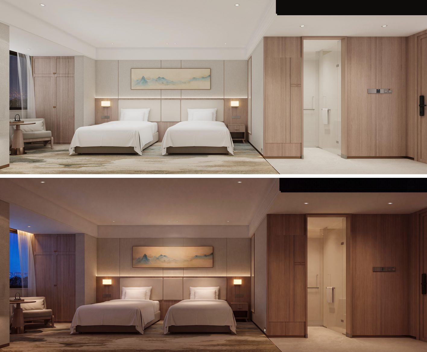 Before and after renders of the same twin room: top lit evenly; bottom with a picture light on the headboard artwork, wall lamps either side and a cove above