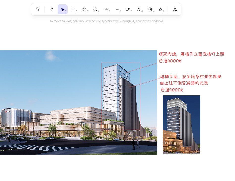 Daytime photo with red boxes around the tower crown and facade and handwritten notes: crown interior glow, facade wall washers aiming up, 4000K; vertical linear lights fading down the tower facade