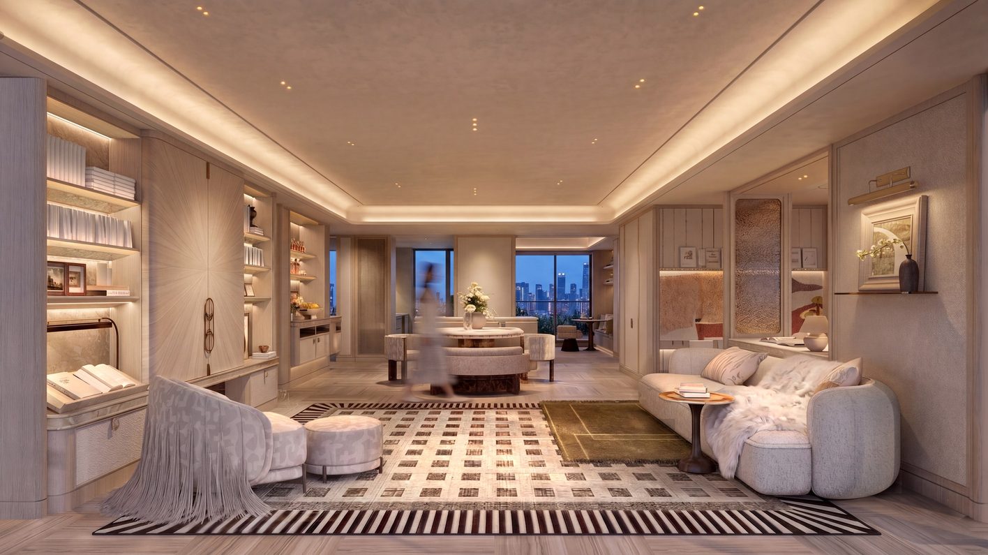 Interior night render generated from fixture positions marked on the daytime photo; every downlight lands where it was drawn