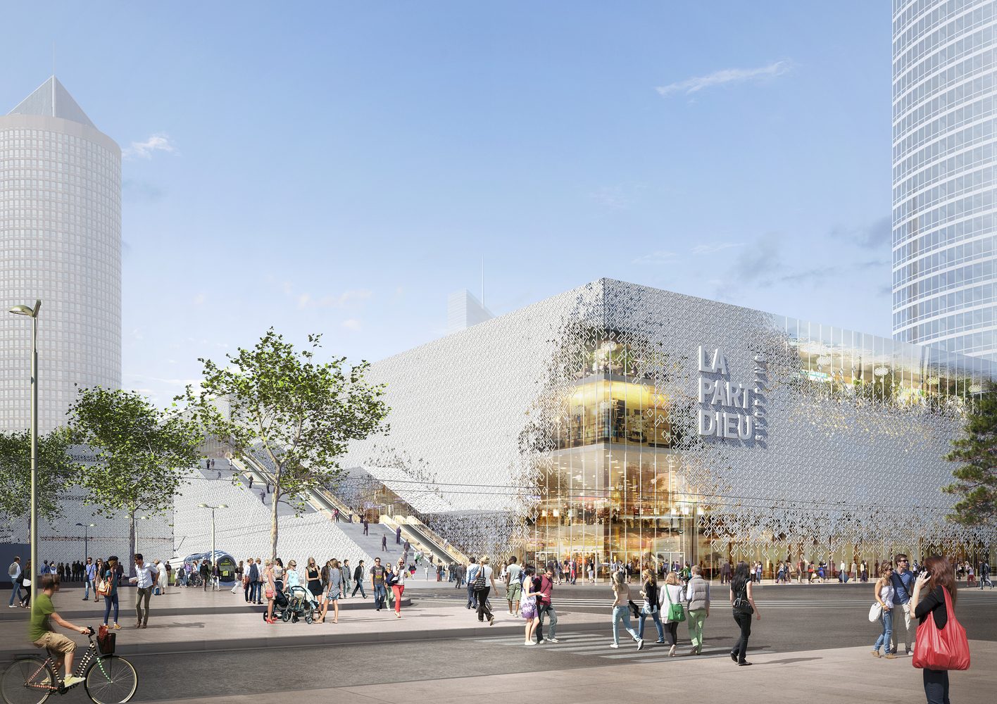 Daytime view of a large retail complex with a perforated white facade, the source image uploaded to LDR