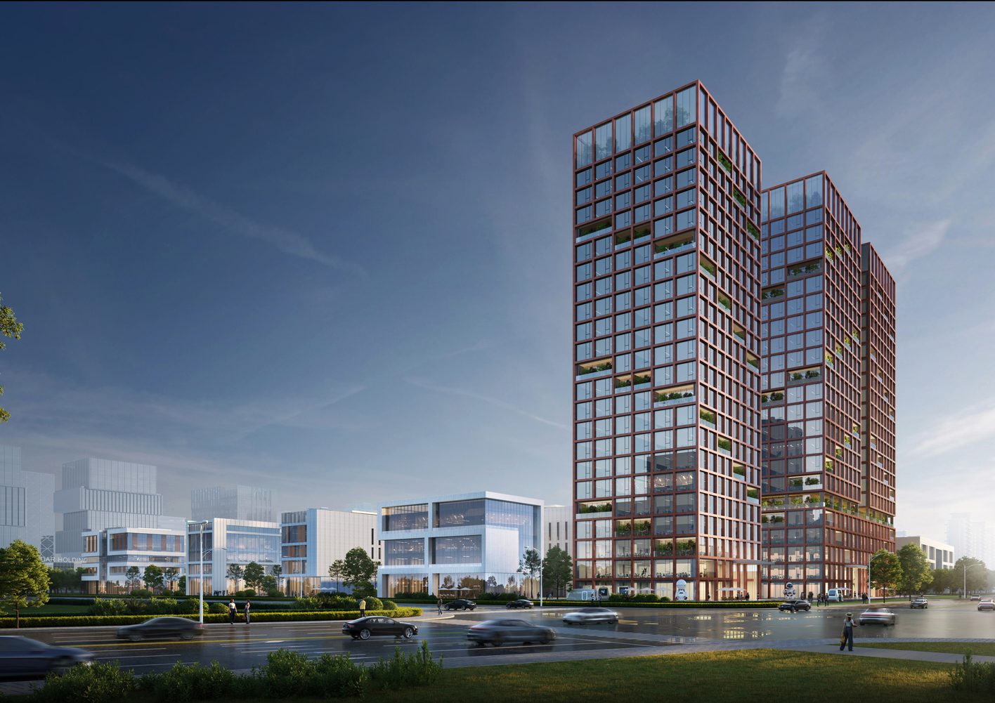 Daytime image of an office tower with a red-brown grid facade and planted terraces, beside a white low-rise building