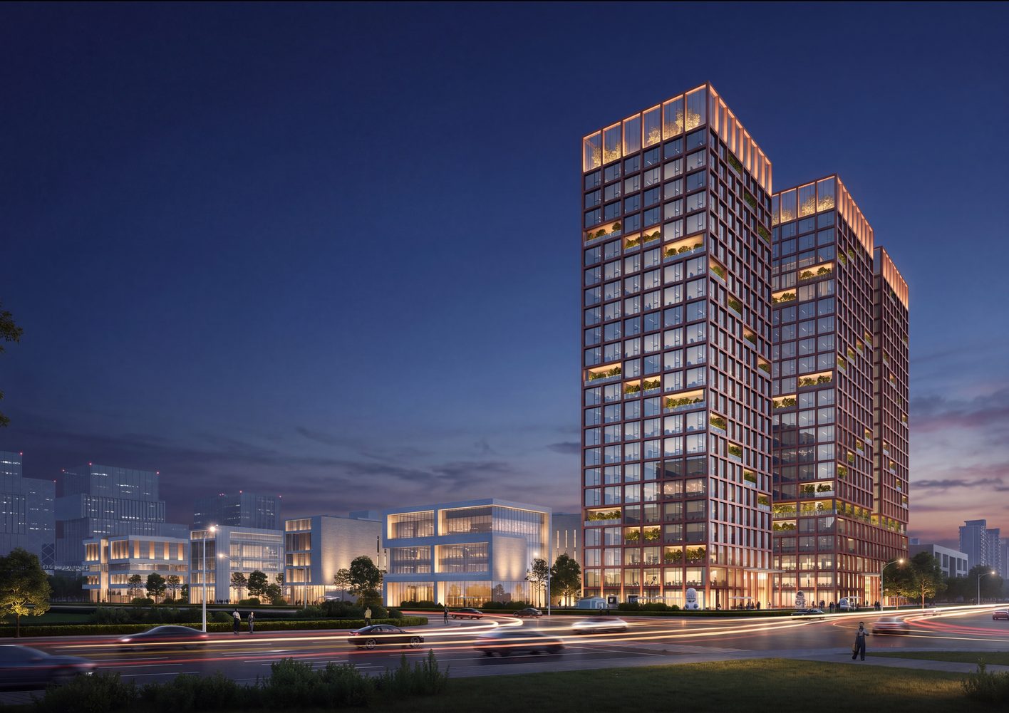 Night lighting render of an office tower and podium, generated by LDR from a daytime image using the prompt template in this article